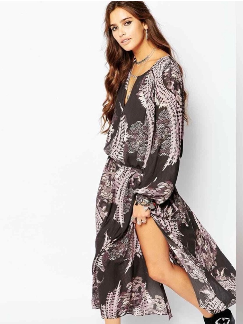 Free People Floral-Print Long Sleeve Maxi Dress in Black and Pink